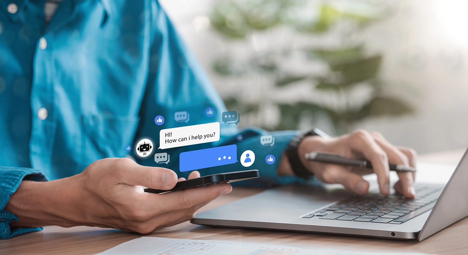 men phone in hand with floating AI text